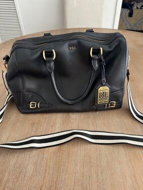 Ralph Lauren Black Leather Duffel with Striped Strap